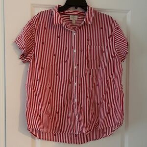 Women's XL Strawberry Print Cotton Button Down: Collar Short Sleeve Front Pocket